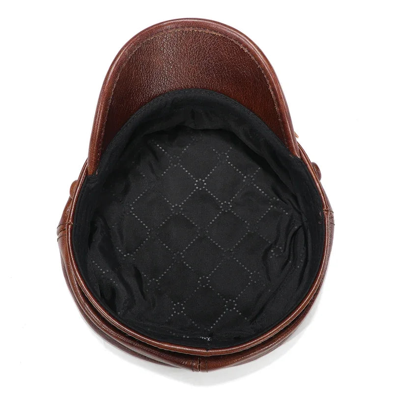 Sombrero de marca de lujo para mujer y hombre, gorras militares negras de cuero auténtico, sombreros planos para estudiantes, gorras de capitán ajustables para otoño e invierno