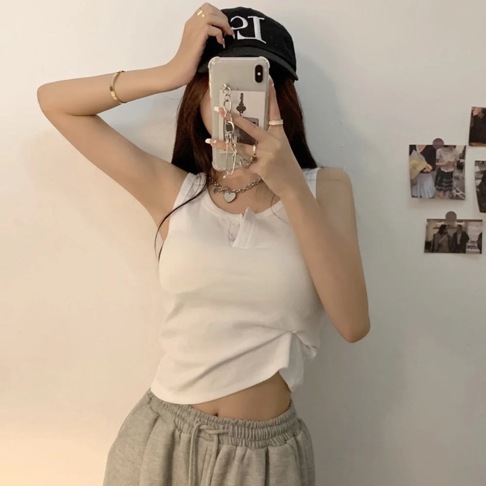 Camiseta sin mangas para mujer de canalé con botones, blusa sin mangas, color liso, informal, para mujer y adolescente, moderna, básica, vestidos de verano