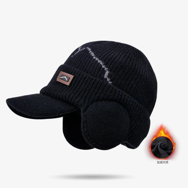 Men's Thermal Cycling Cap with Ear Flaps Winter Fleece Lined Knit Hat for Cold Weather Outdoor Bike Riding