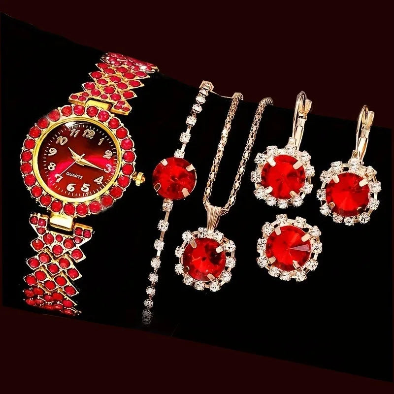 Juego de joyas y relojes elegantes para mujer de 6 piezas, reloj de cuarzo con esfera de diamantes de imitación azules para mujer, juego de relojes y joyas femeninos
