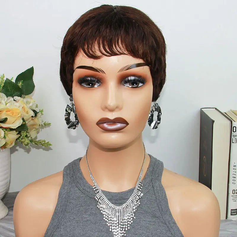 Pixie Cut Human Hair Wigs Short Wigs for Women Layered Pixie Wig With Bangs Glueless Full Machine Made Dark Brown #2 On Sale