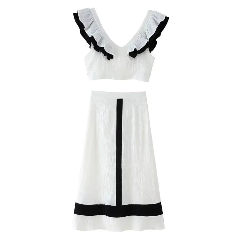 Elegantes Conjuntos de Falda para Mujer Cuello de Pico Manga Volante Top Contraste Falda de Cintura Alta Femenina Conjunto de 2 Piezas Vacaciones 2024 Traje de Falda sin Mangas