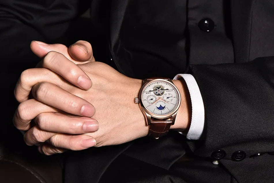 LIGE Relojes para hombre Reloj mecánico automático Reloj Tourbillon Piel auténtica Reloj impermeable Reloj de pulsera militar para hombre