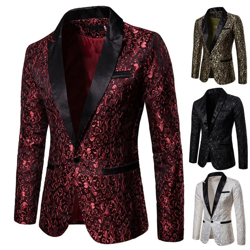 Chaqueta de hombre de lujo con jacquard, un botón, corte ajustado, cuello vuelto, de alta calidad, para bodas y banquetes