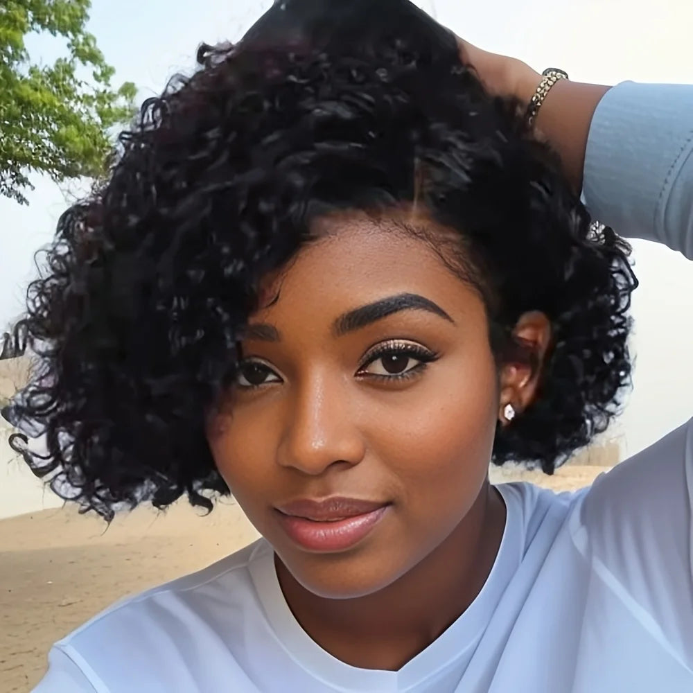 Perruque bouclée style pixie bob en dentelle