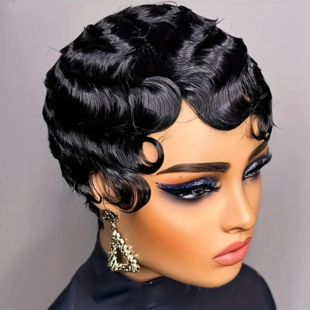 4inch daily party use hair 150% density pixie short finger wave natural black color machine made human hair wigs for women
