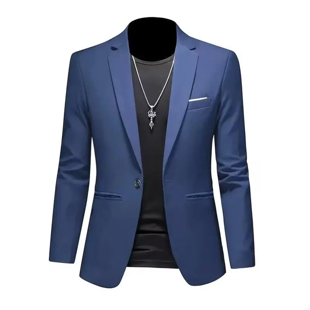 Chaqueta tipo traje boutique de ocio de moda para hombres, informal de otoño, corte ajustado, sin planchado, con un solo botón, color liso, blusa formal