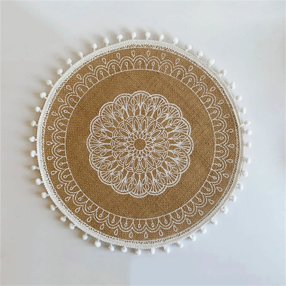 Vintage Pastoral Round Cotton Linen Placemats Handwoven Jute Tassels Placemats Soft Non-slip Table Pads Vase Mats Accessories
