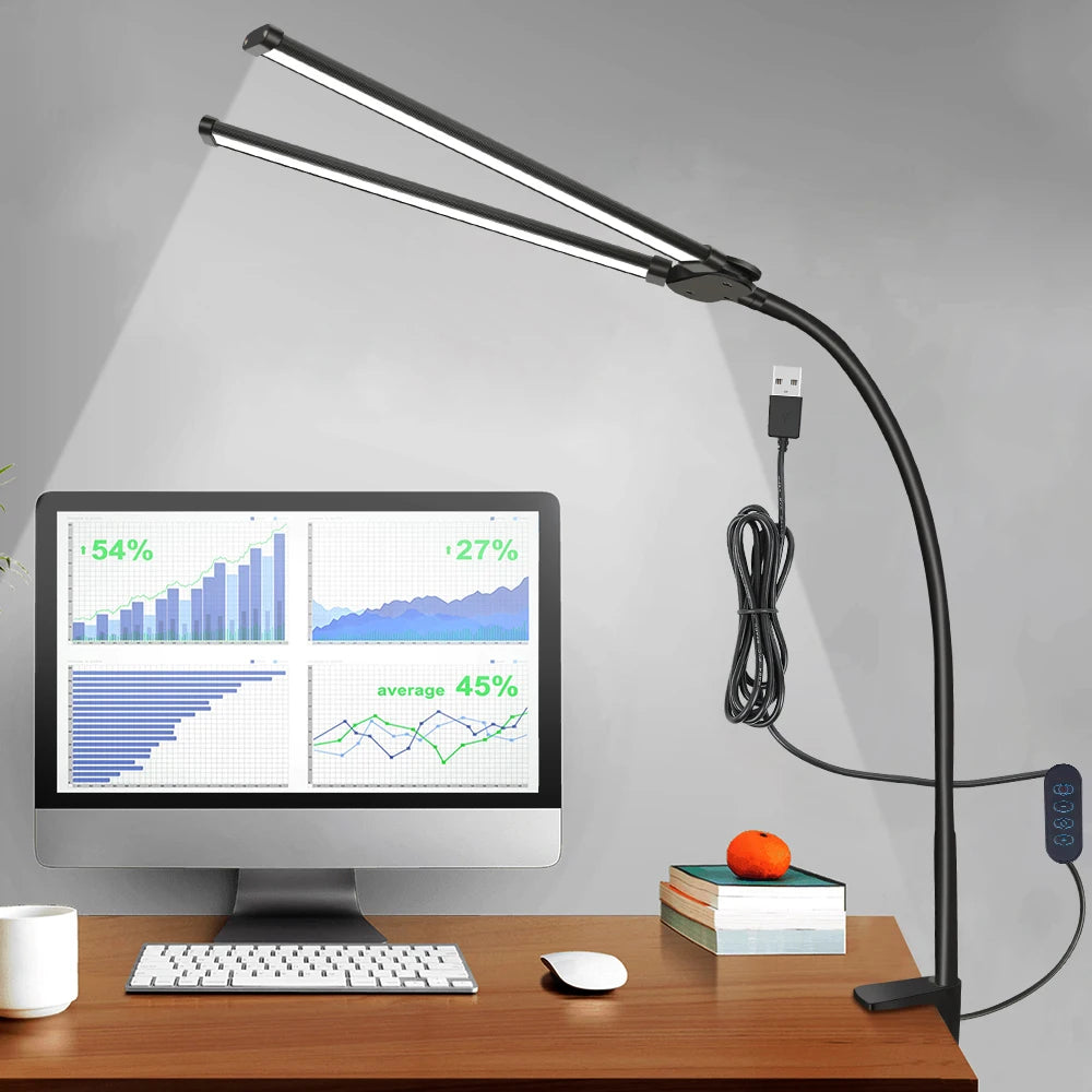 Lámpara de Escritorio LED de Uno o Dos Cabezales con Atenuación Continua, 3 Colores, Cuidado Ocular para el Hogar, Oficina, Luz de Lectura, Lámpara Flexible Ajustable