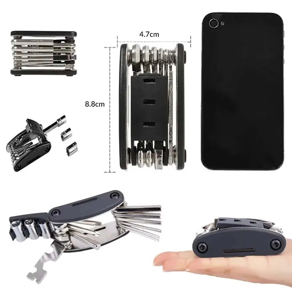 Kit de herramientas portátiles de reparación de bicicletas 16 en 1 Llave hexagonal Tuerca Destornillador para neumáticos Herramientas de reparación de motocicletas y bicicletas