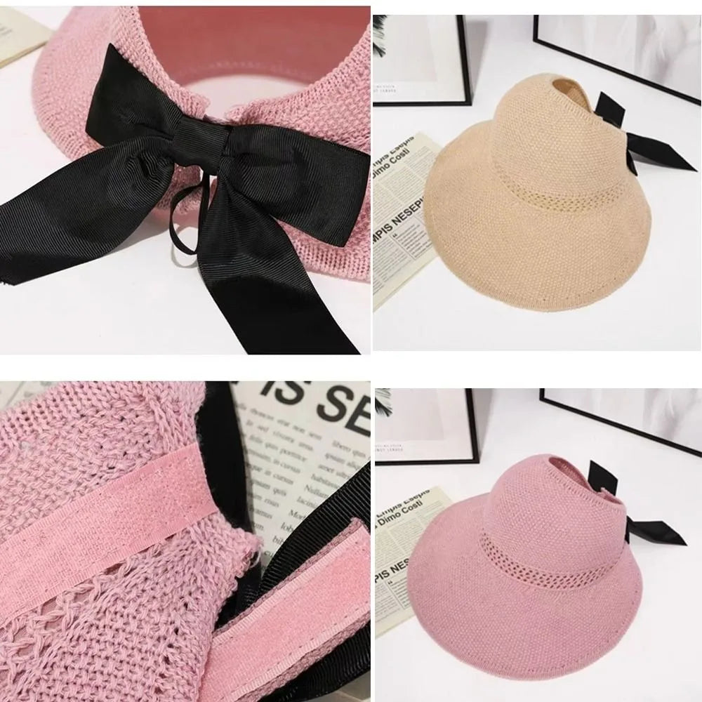 Chapeau de soleil à nœud creux tendance pour femme, large bord, queue de cheval, casquette de plage, protection UV, crochet