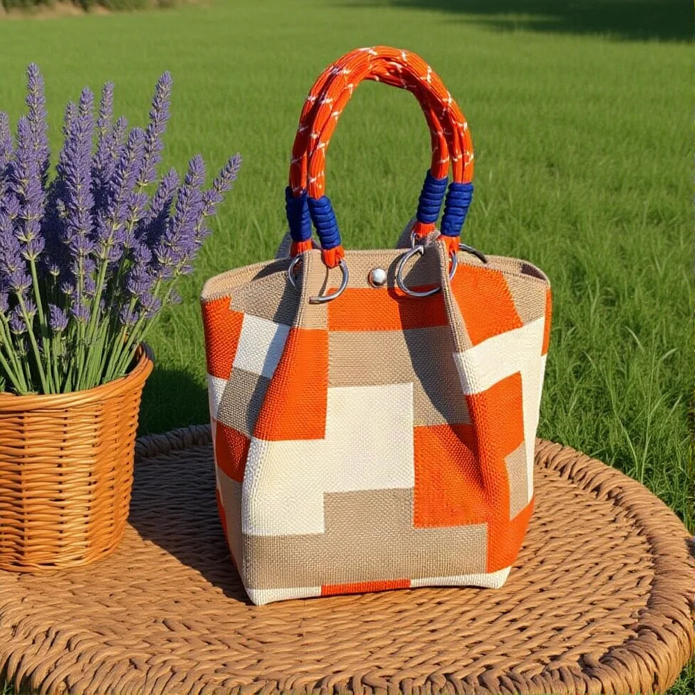 Metal Ring Handbag Fashionable Women'S Bucket Bag Knit Tote Bag Spacious Color Block Handbag For Leisure Travel Daily Commuting