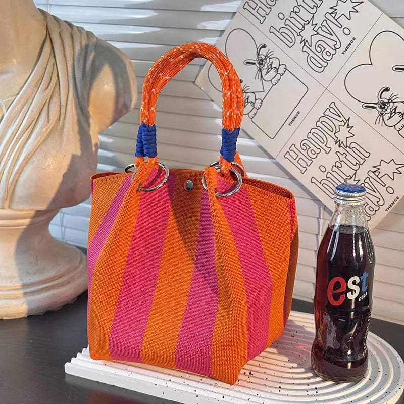 Metal Ring Handbag Fashionable Women'S Bucket Bag Knit Tote Bag Spacious Color Block Handbag For Leisure Travel Daily Commuting