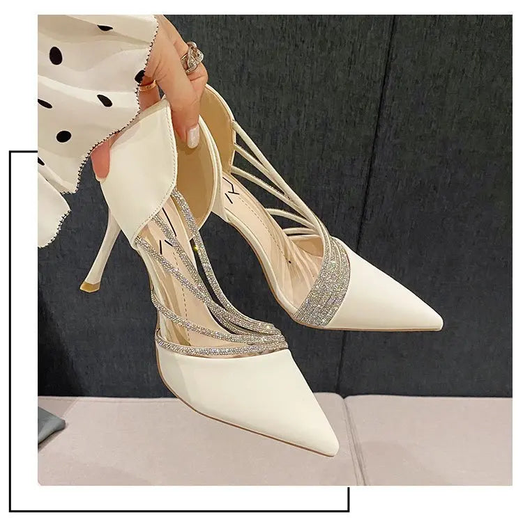 Zapatos de tacón alto para fiesta de noche de mujer, nuevos zapatos de salón elegantes para mujer, de punta, negros, con tiras, para mujer
