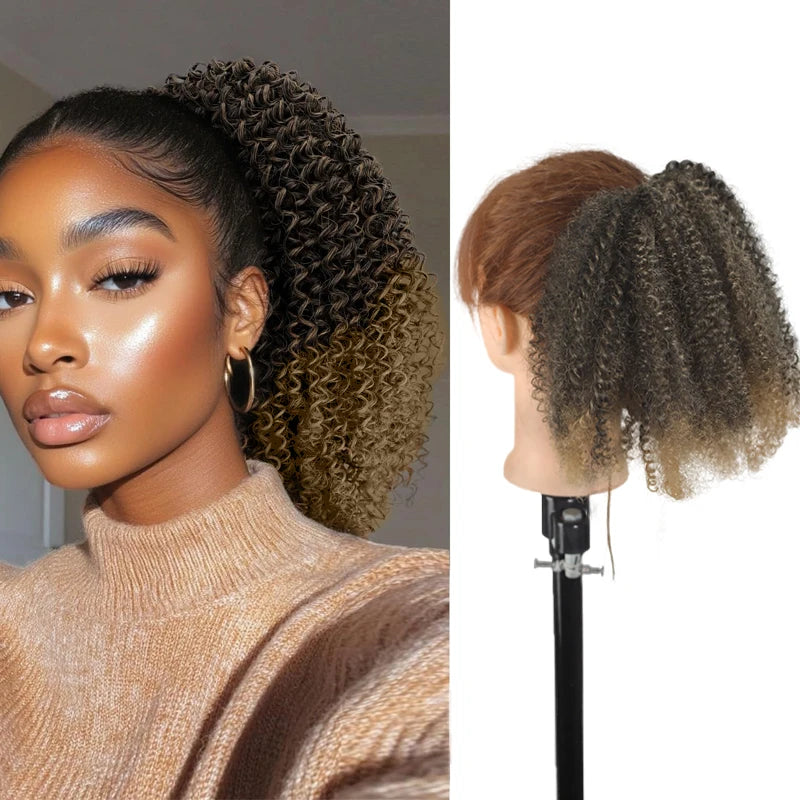 Rubber Band Ponytail Extended 10 inches Short African Curly Ponytail African Women Fluffy Ponytail Synthetic Wig for Daily use