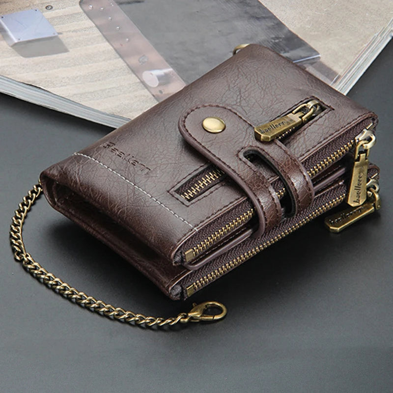 Billetera de lujo de piel sintética para hombre - Tarjetero con diseño de cadena corta, Monedero retro clásico (marca de alta calidad)