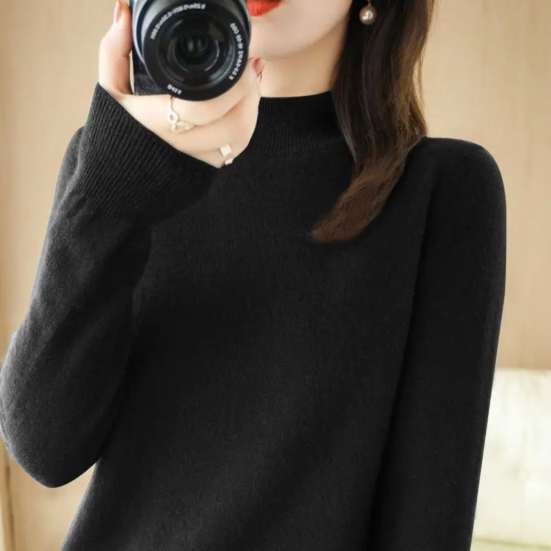 Suéter de mujer otoño invierno, camisas base cálidas casuales, cuello simulado, tejido básico, jerséis de manga larga, moda coreana