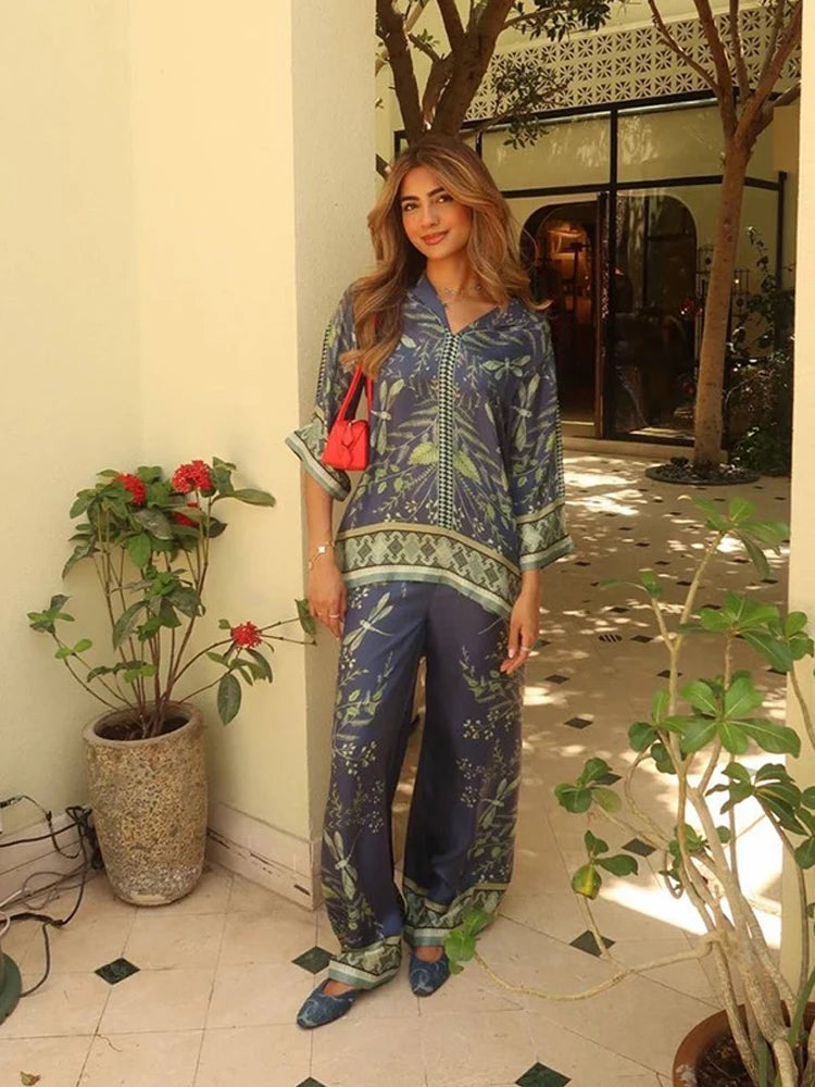 Conjunto de pantalones largos estampados para mujer, elegante camisa de manga larga con cuello en V, pantalón ancho holgado, traje de verano de 2 piezas para mujer, estilo urbano