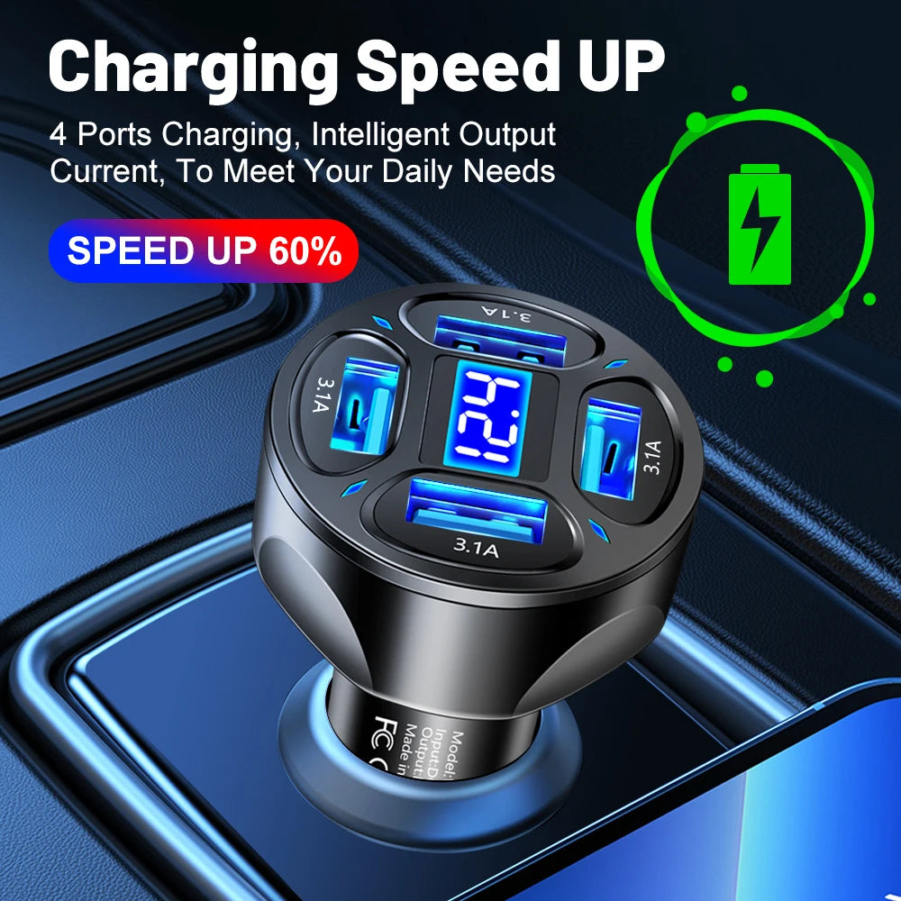 15W Fast Car Charger – 4-Port USB Charging Adapter