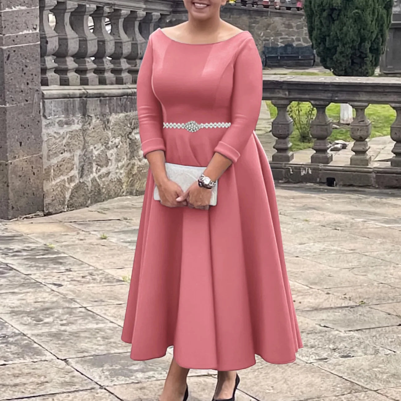 Vestidos de lujo para mujer, cuello redondo, manga larga, con cinturón en la cintura, cintura alta, plisados, línea A, hasta el tobillo, elegantes vestidos de cumpleaños para mujer