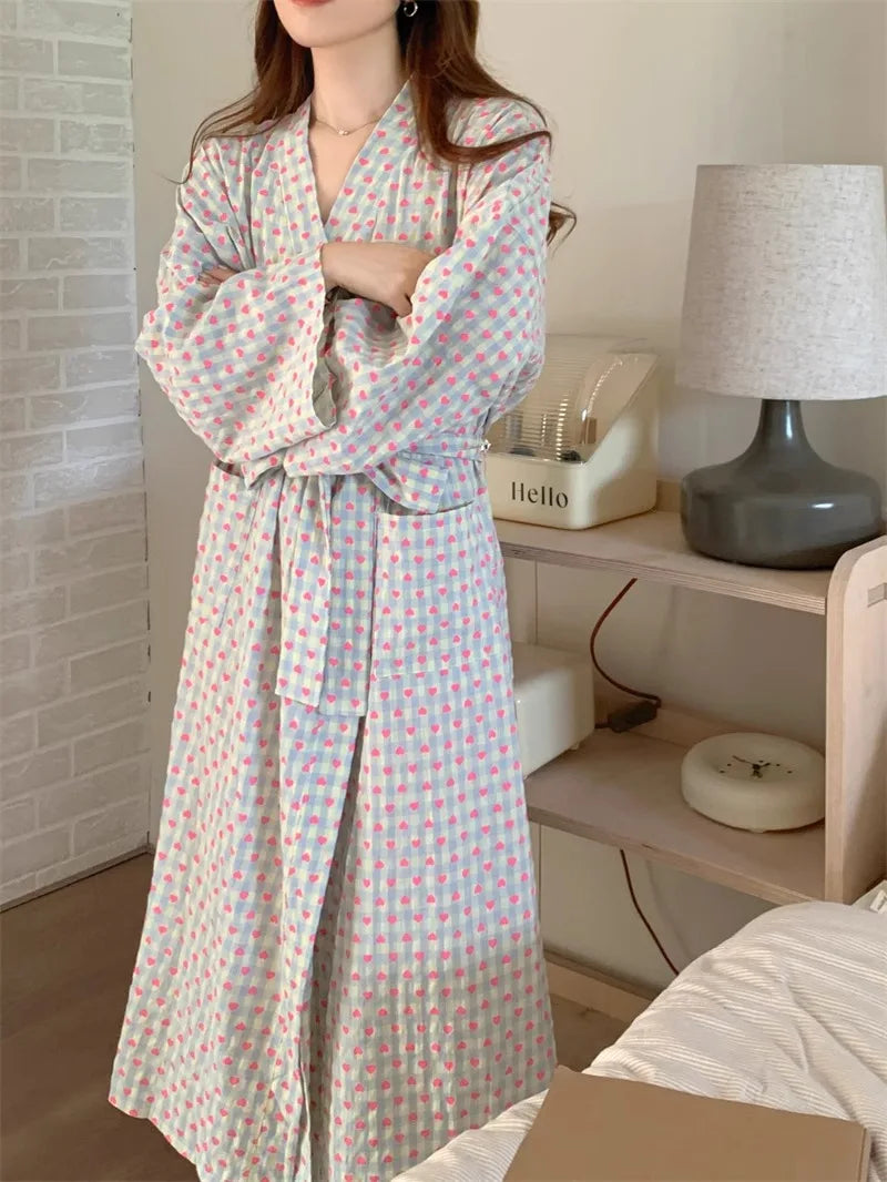 Bata de baño para mujer, estilo kimono largo y holgado, con cuello en V, cordones, pantalones a cuadros, bata de dormir sexy para mujer/niña.