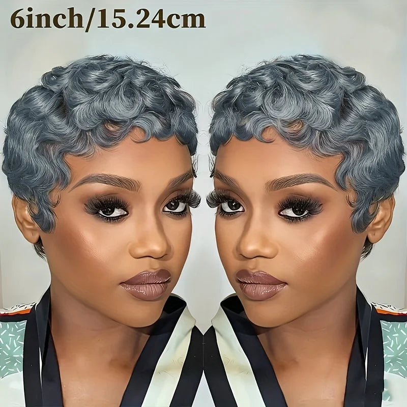 Grey Color Human Hair Wig Layered Short Curly Pixie Cut with Bangs Machine Made Wig Comfortable & Secure Fit