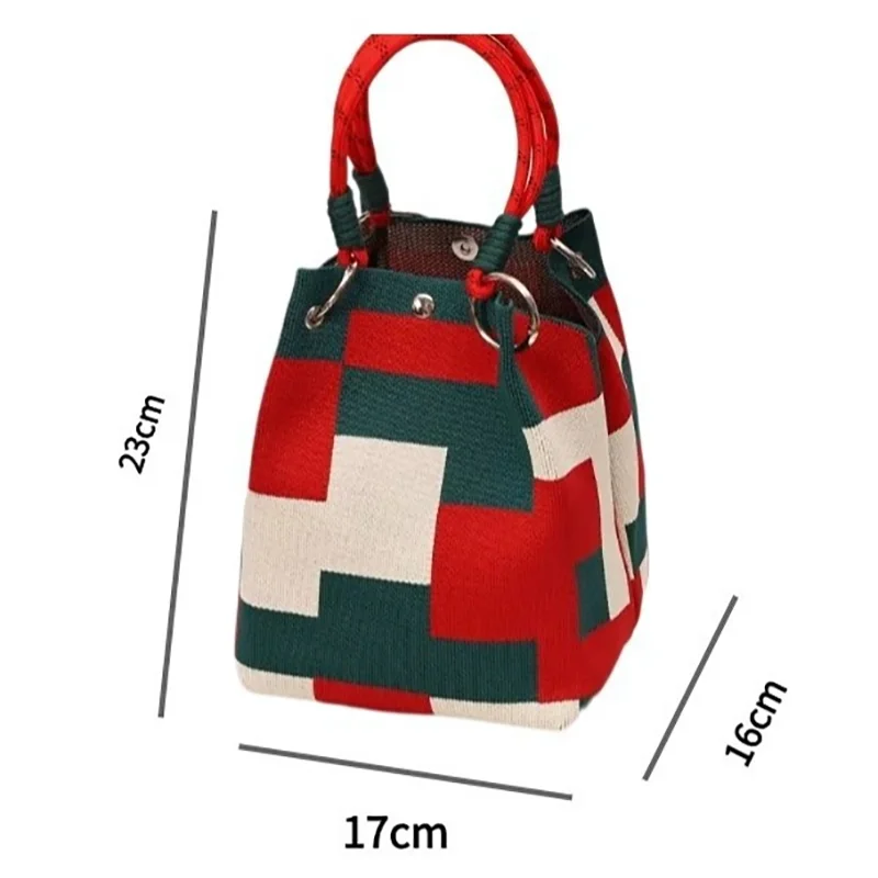 Metal Ring Handbag Fashionable Women'S Bucket Bag Knit Tote Bag Spacious Color Block Handbag For Leisure Travel Daily Commuting