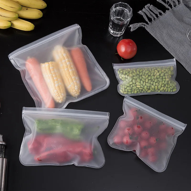 Bolsas de silicona para almacenar alimentos, recipientes, bolsas frescas, reutilizables, con cierre de cremallera vertical, a prueba de fugas, envoltura fresca, bolsas Ziploc.