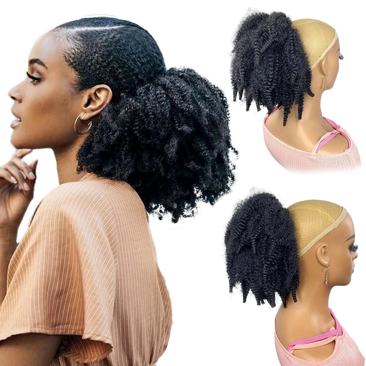 Queue de cheval courte de 10 pouces en cheveux Marley, cordon de serrage, chignon afro noir 4C, cheveux de tressage avec pinces, queue de cheval synthétique bouclée afro crépu