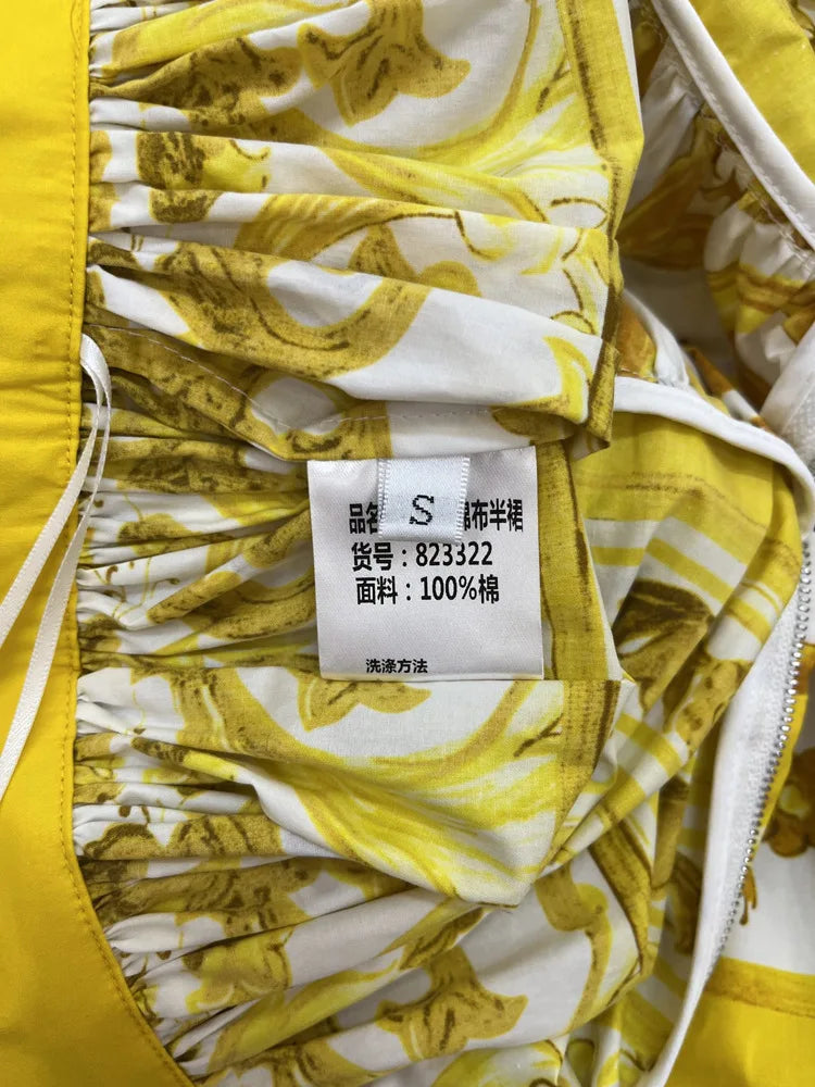 Designer Women's Cotton Corset Top & Mini Skirt Set | Yellow Porcelain Print | Summer Beach Vacation Outfit