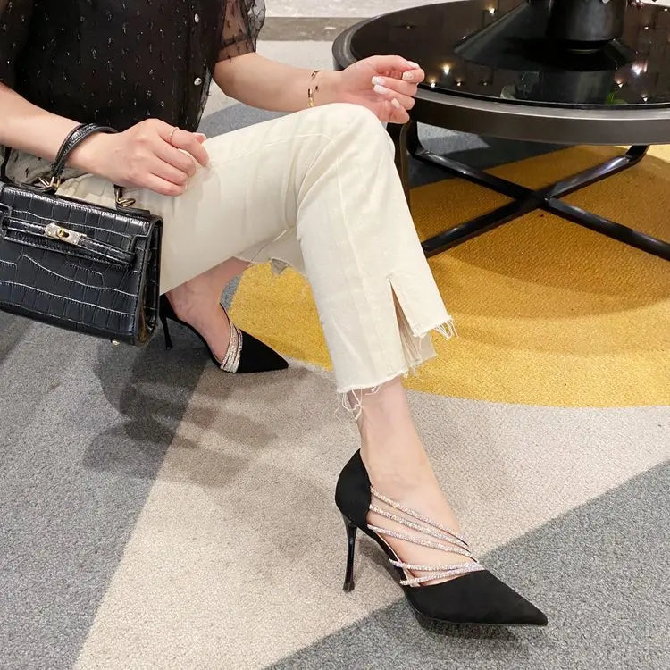 Zapatos de tacón alto para fiesta de noche de mujer, nuevos zapatos de salón elegantes para mujer, de punta, negros, con tiras, para mujer