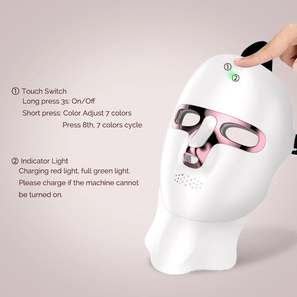 Mascarilla facial LED de 7 colores para rejuvenecimiento facial y de cuello con fotones, blanqueamiento, estiramiento, recargable, para el cuidado de la piel y el cuello, tratamiento de belleza