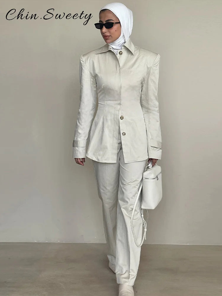 Stilige enkeltspenstede buksesett for kvinner, slaglengde, lange ermer, smal midje, topper, rette bukser, høst, dame, gate, pendlerdresser