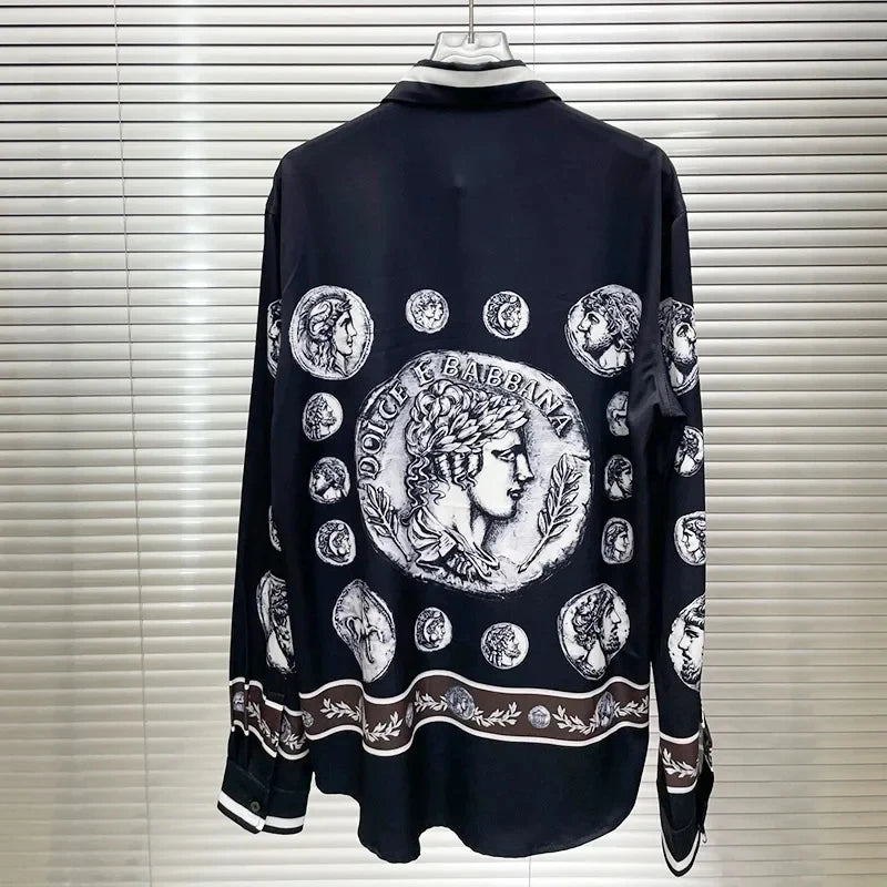 Men's shirt Vintage Character print Spring / Autumn Loose Version Classic Long-sleeved Lapel Fashion and leisure Top S-5XL