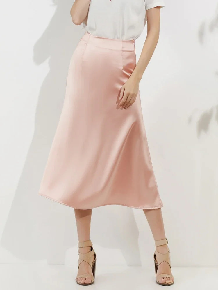 Faldas de satén de seda para mujer estilo coreano color champán para oficina, cintura alta, falda acampanada, moda elegante, falda lápiz larga sólida 2025