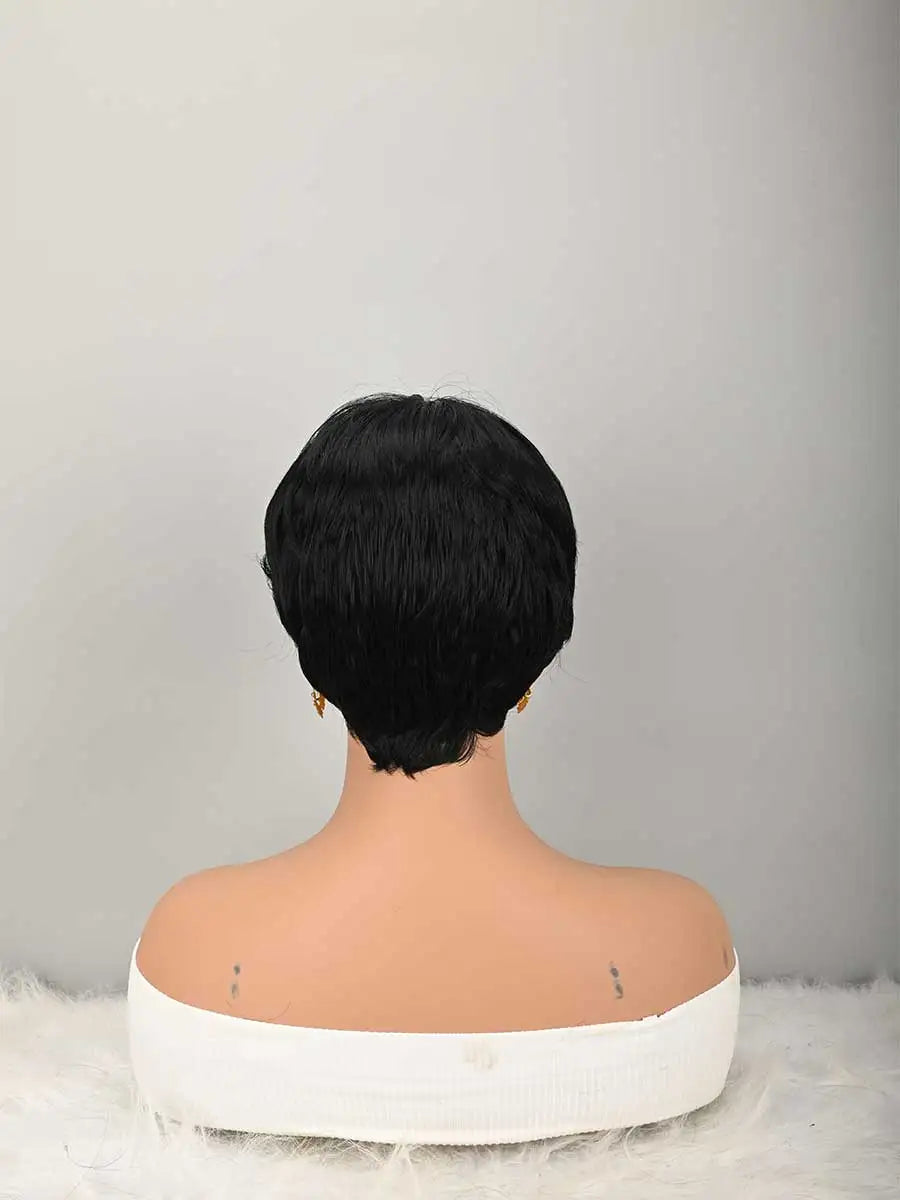 Short Bob Wig for PixieCut wigs Glueless WigNone Front Synthetic Wig withBangs Natural BlackStraight Full MachineMade Short Layered fordaily use