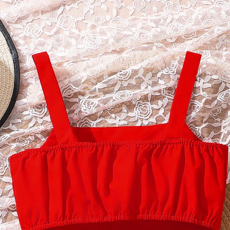 kids Clothing Sets For Girls Red Sleeveless Square Collar Ruffled Bowknot Elastic-Waist 8-12 Years Summer Fashion Sweet Style