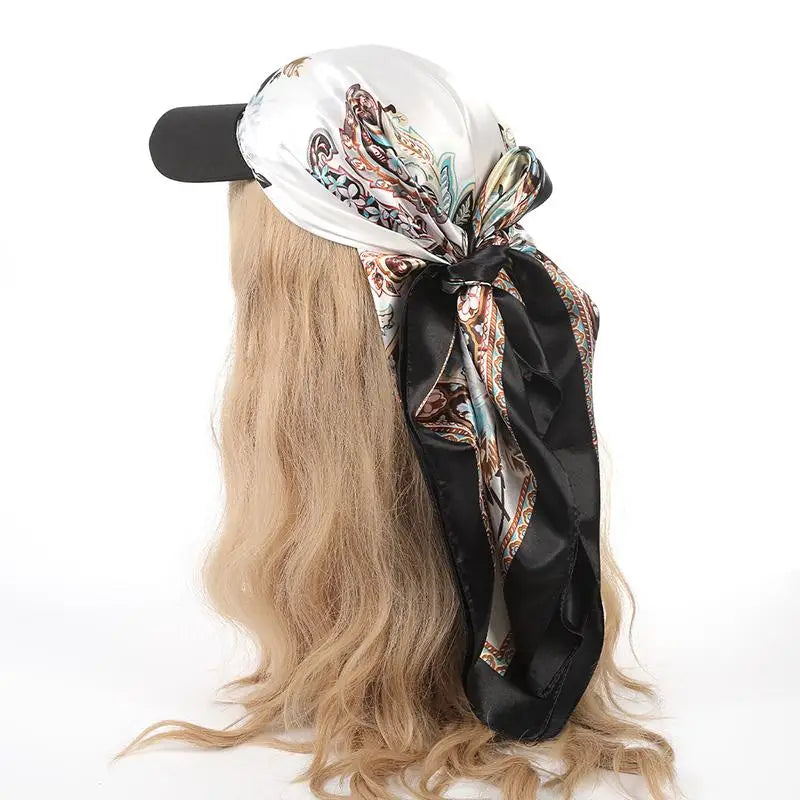 Fashion Satin Silk Headscarf Hat with Brim 2-in-1 Square Scarf Cap Printed Elegant Turban Wrap