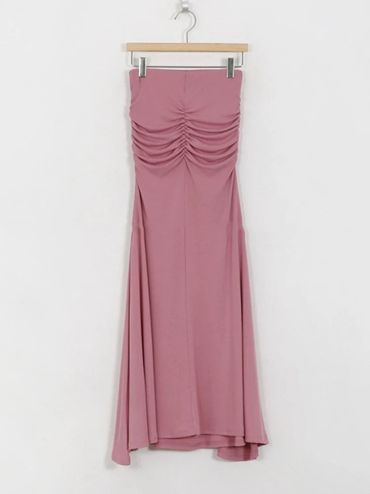 Faldas de satén fruncidas para mujer Falda de cintura alta para mujer Faldas elegantes línea A Falda midi rosa de verano Nuevo estilo coreano