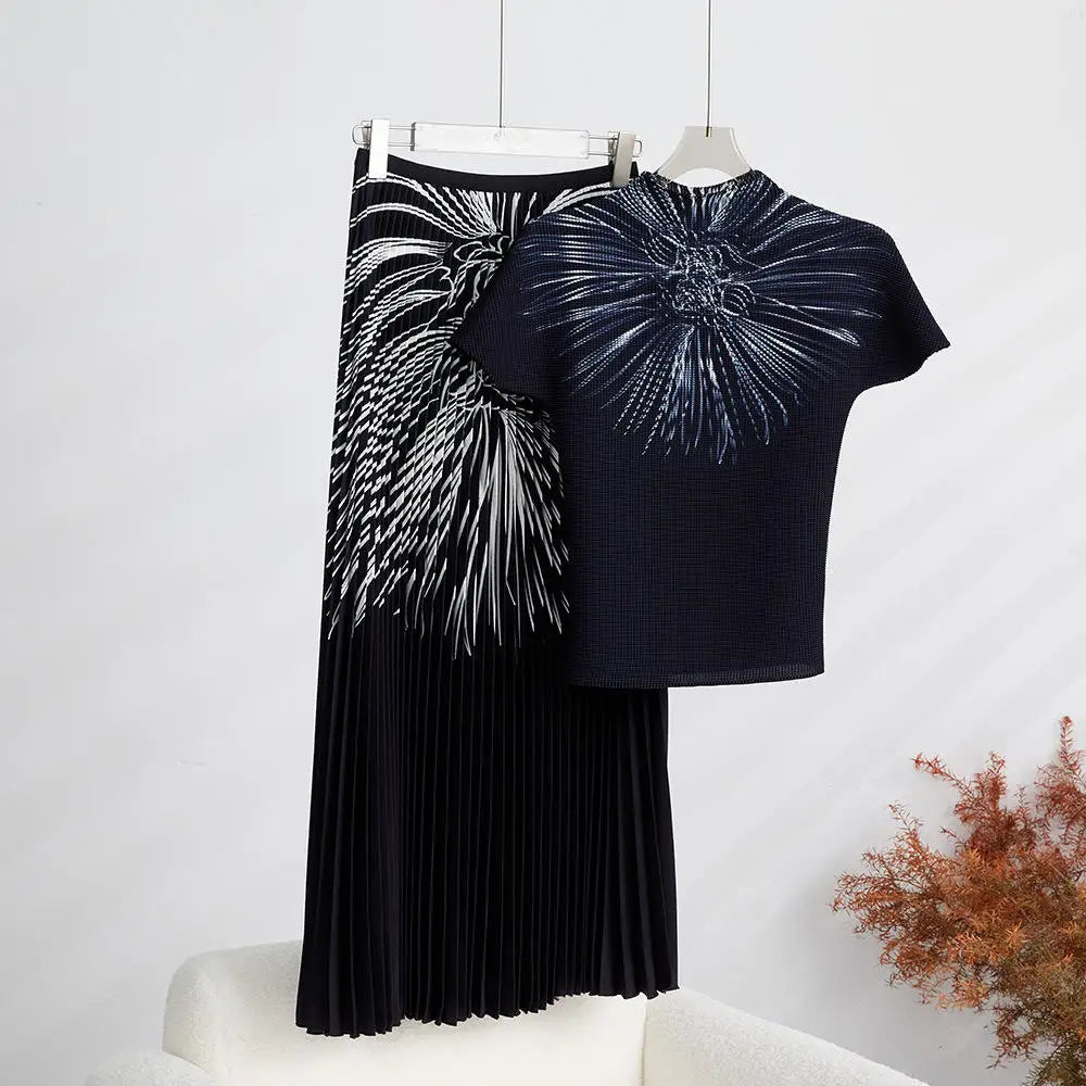 Pleated Skirt and Pleated Shirt Set Women's Summer Short Sleeve Top and Long Printed Pleated Skirt 2-Piece Set Short Skirt