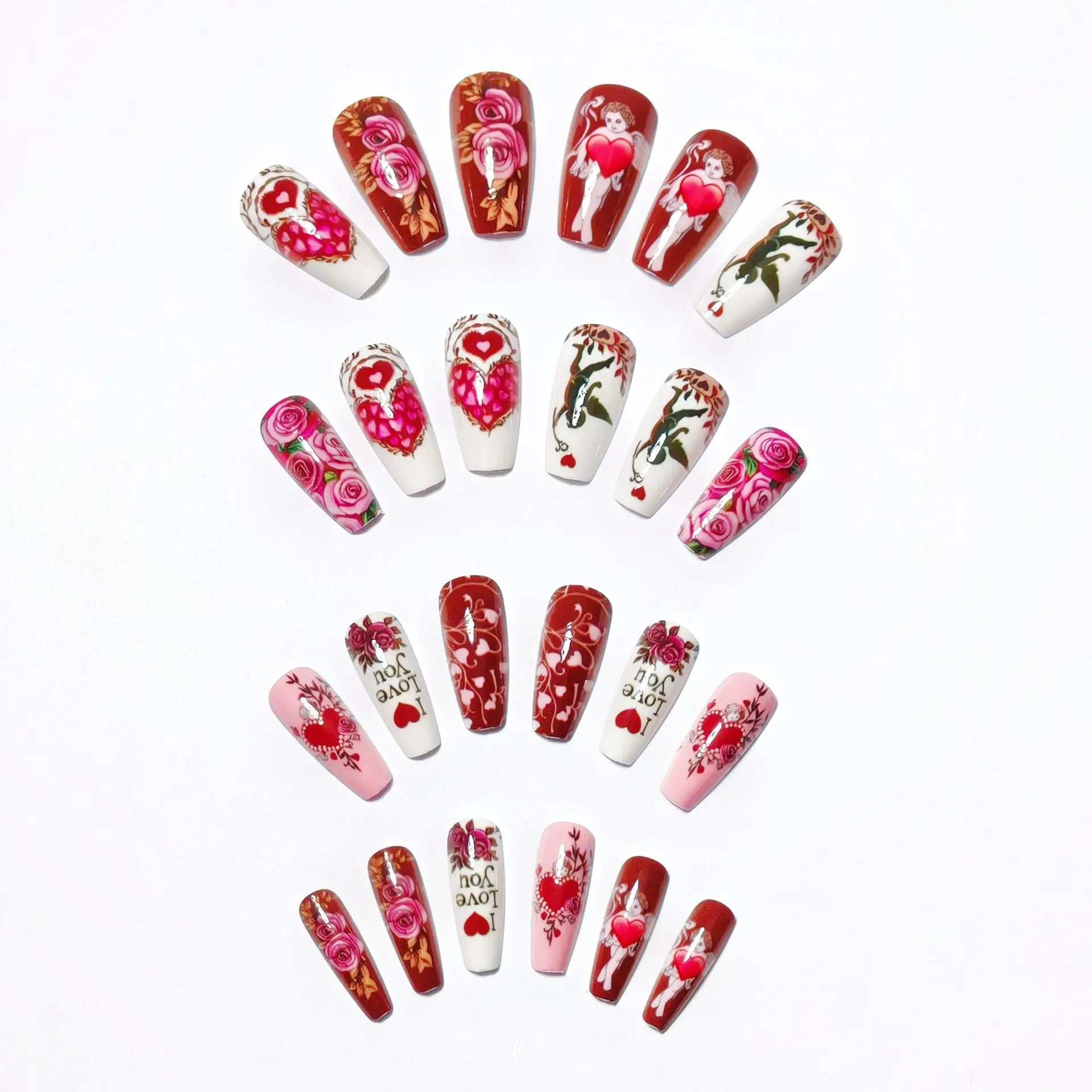 Uñas Postizas Corazón Floral (24 Piezas)