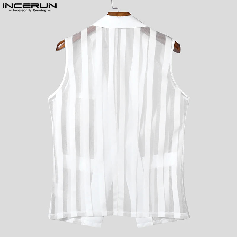 Men Vests Mesh Striped Transparent Sexy Lapel Sleeveless One Button Male Waistcoats Streetwear 2025 Fashion Casual Vests INCERUN
