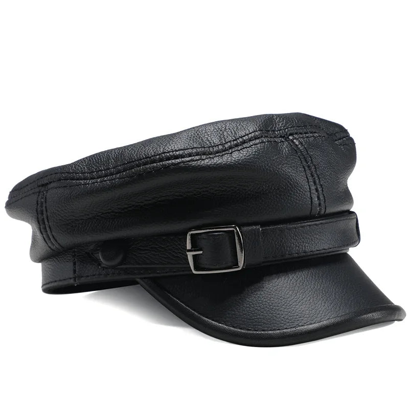 Sombrero de marca de lujo para mujer y hombre, gorras militares negras de cuero auténtico, sombreros planos para estudiantes, gorras de capitán ajustables para otoño e invierno