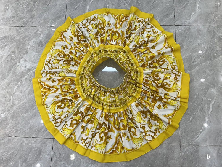 Designer Women's Cotton Corset Top & Mini Skirt Set | Yellow Porcelain Print | Summer Beach Vacation Outfit