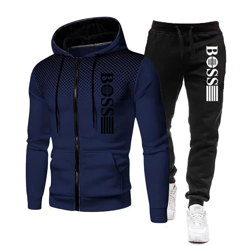 2026 New Men's zippered hoodie + Casual Pants Set for Autumn and Winter fashion Fitness and Warm sportswear Two-piece set