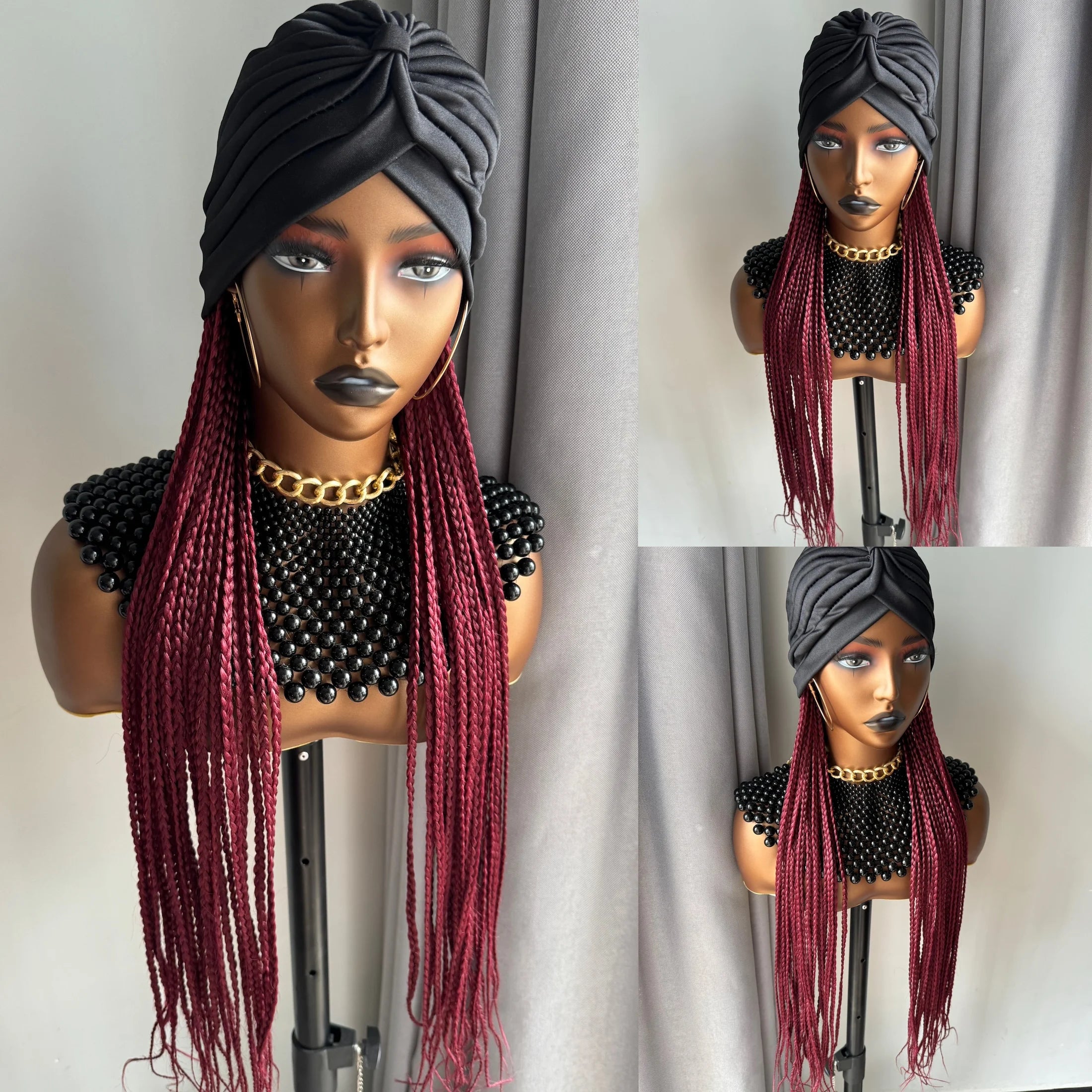 WIGERA Diadema con estampado de leopardo Peluca sintética trenzada larga con gorro turbante Trenzado de caja Extensiones de cabello Pañuelo para la cabeza Peinado fácil