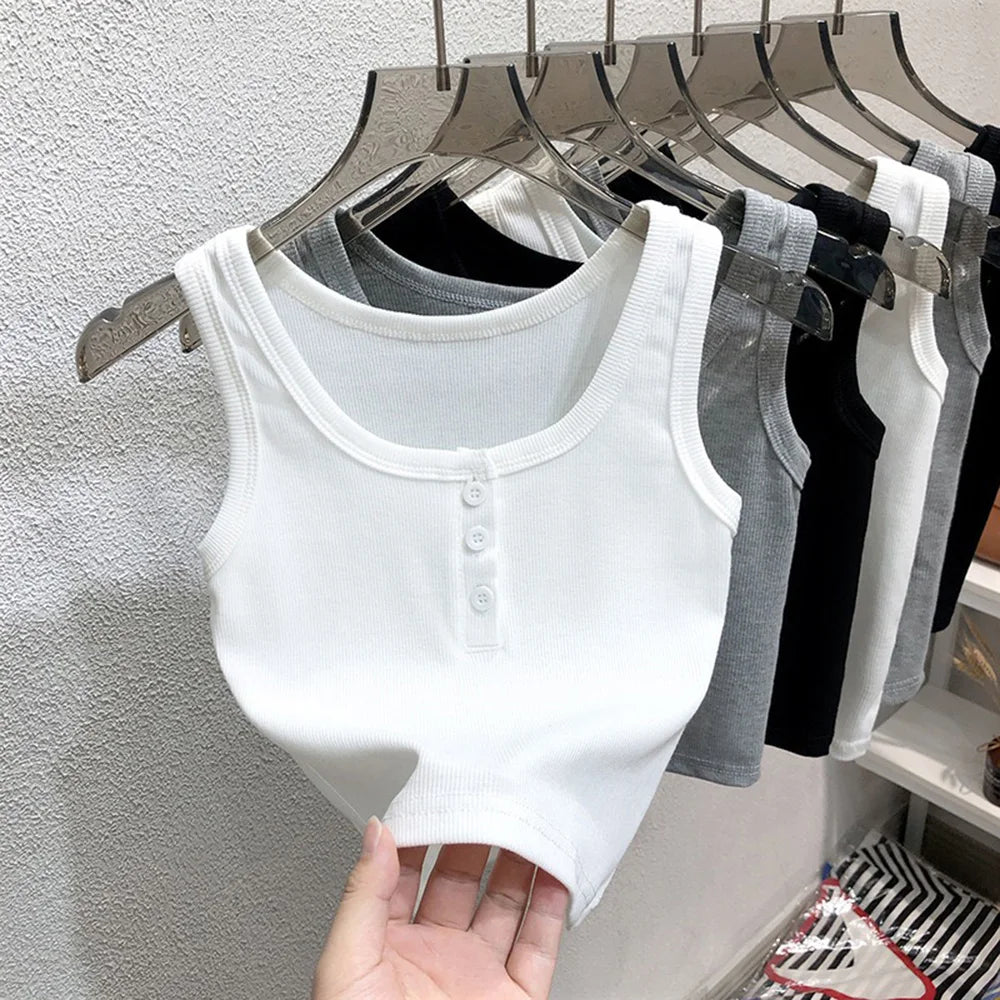 Camiseta sin mangas para mujer de canalé con botones, blusa sin mangas, color liso, informal, para mujer y adolescente, moderna, básica, vestidos de verano