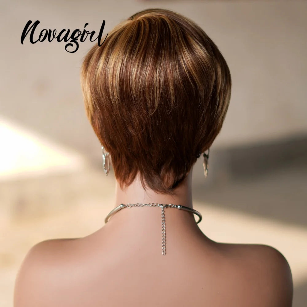 High Quality 6 Inch Pixie Wigs Color P4/27 for Women Full Machine Made Brazilian Virgin Remy Human Hair Soft Comfortable
