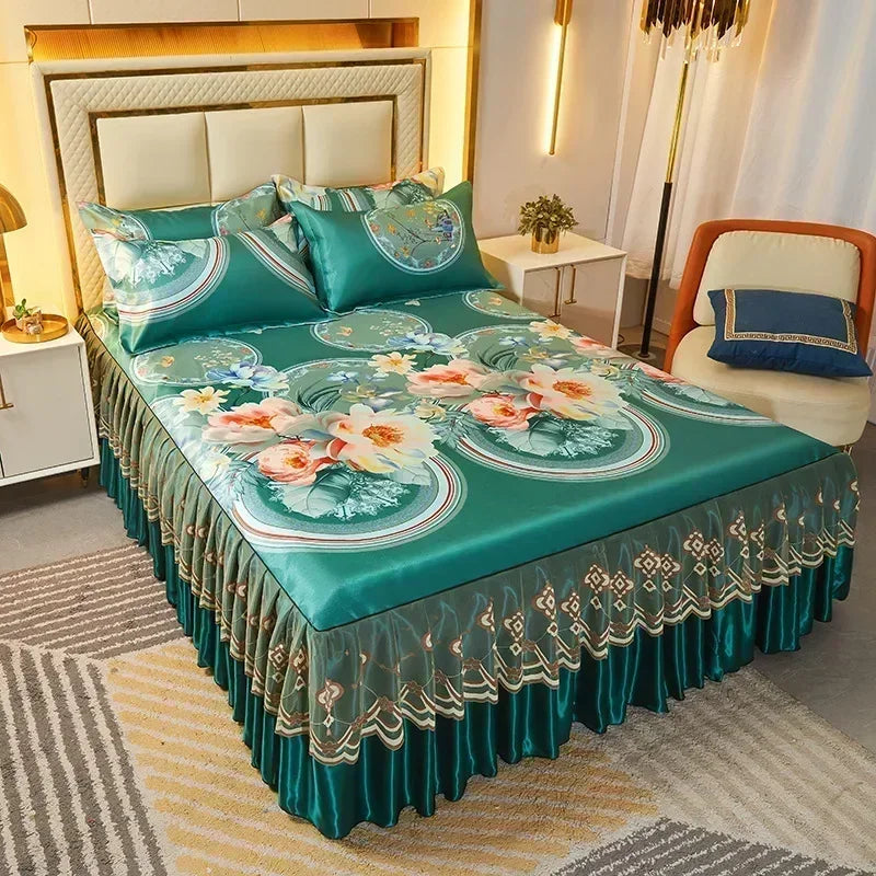 3 deler sommer sengeteppe i skjørtstil, sengeteppe i blonder i europeisk stil, tredelt sett i skjørtstil, sengeteppe i madrass, støvbeskyttelse