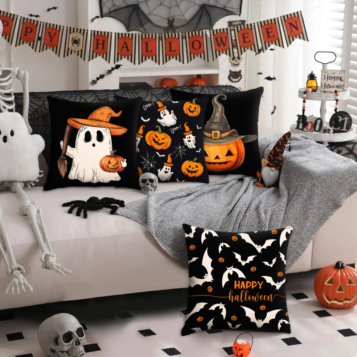 1 ud./4 Uds. Funda de almohada decorativa de Halloween, funda de cojín de truco o trato, fantasma, cabeza de calabaza, funda de cojín de sofá con decoración de murciélago